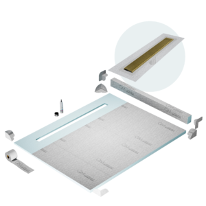 QM Shower Pan Kit 80″ with a 58″ Wedgewire Linear Drain Flange Edge in Bronze