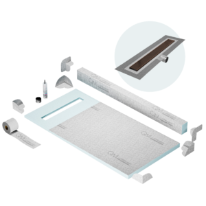 QM Shower Pan Kit 32″ with a 24″ Wedgewire Linear Drain Flange Edge Side Outlet in Bronze