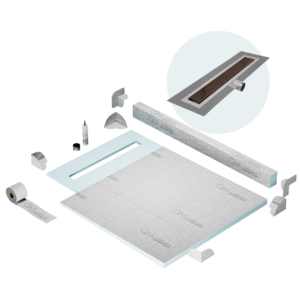 QM Shower Pan Kit 40″ with a 32″ Wedgewire Linear Drain Flange Edge Side Outlet in Bronze