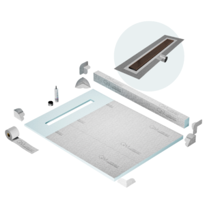 QM Shower Pan Kit 48″ with a 36″ Wedgewire Linear Drain Flange Edge Side Outlet in Bronze