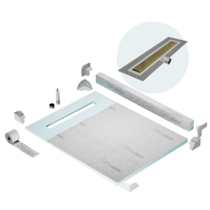 QM Shower Pan Kit 48″ with a 36″ Wedgewire Linear Drain Flange Edge Side Outlet in Gold