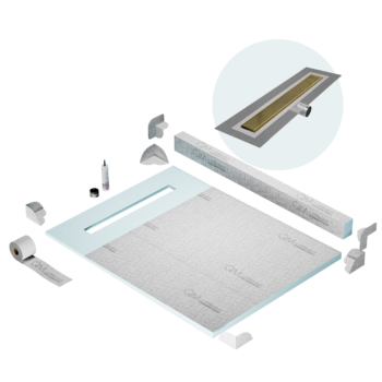 QM Shower Pan Kit 48" with a 36" Wedgewire Linear Drain Flange Edge Side Outlet in Gold