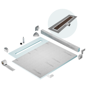 QM Shower Pan Kit 56″ with a 48″ Wedgewire Linear Drain Flange Edge Side Outlet in Bronze