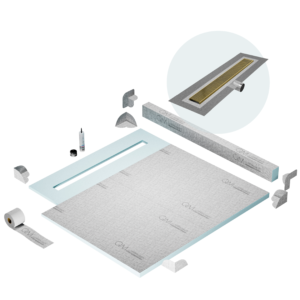 QM Shower Pan Kit 56″ with a 48″ Wedgewire Linear Drain Flange Edge Side Outlet in Gold
