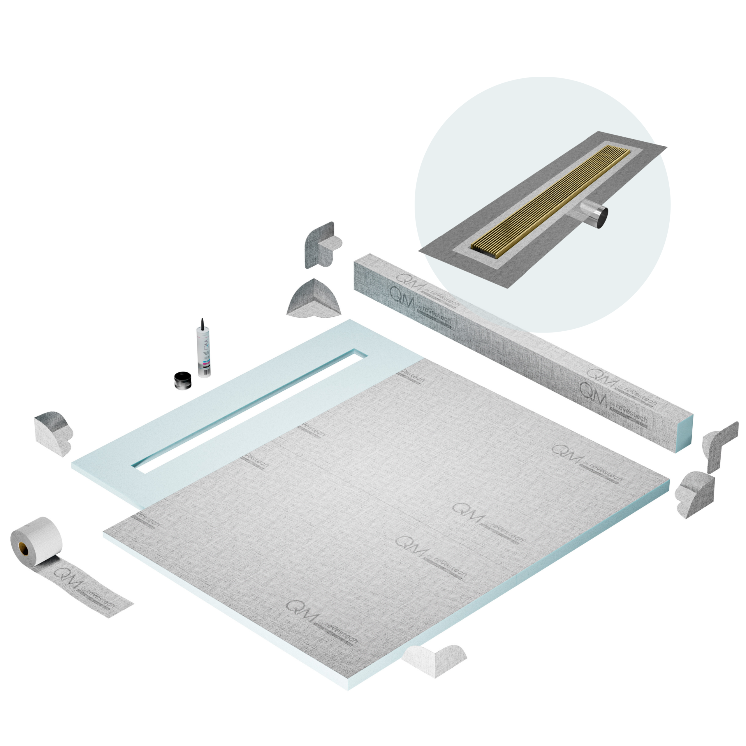 QM Shower Pan Kit 56" with a 48" Wedgewire Linear Drain Flange Edge Side Outlet in Gold