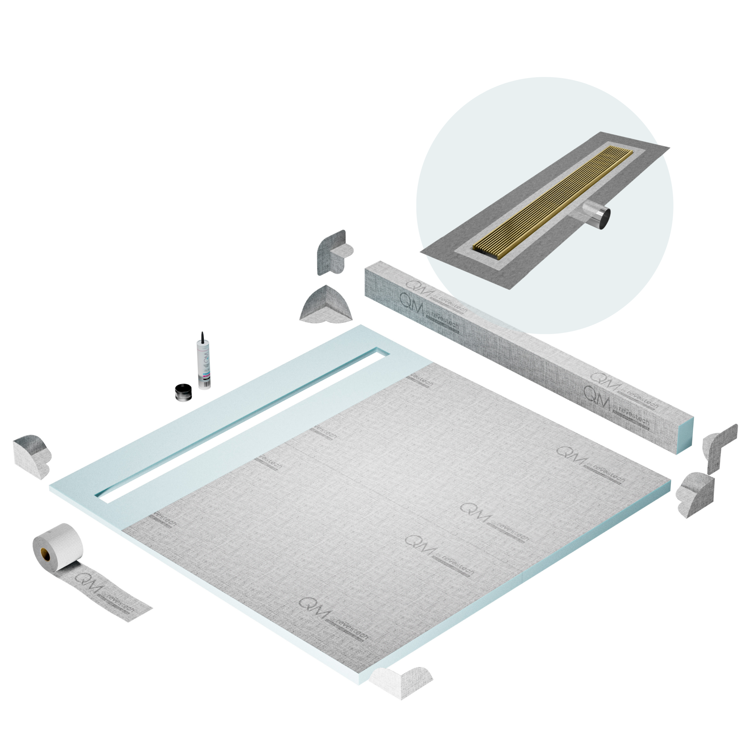 QM Shower Pan Kit 64" with a 58" Wedgewire Linear Drain Flange Edge Side Outlet in Gold