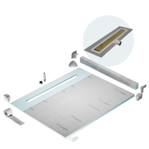 QM Shower Pan Kit 80″ with a 58″ Wedgewire Linear Drain Flange Edge Side Outlet in Gold
