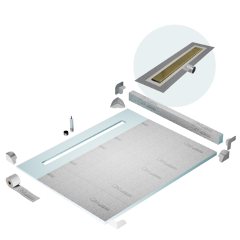 QM Shower Pan Kit 80" with a 58" Wedgewire Linear Drain Flange Edge Side Outlet in Gold