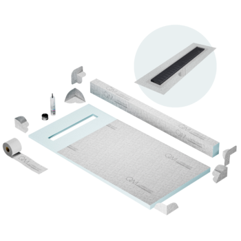 QM Shower Pan Kit 32" with a 24" Wedgewire Linear Drain Flange Edge in Black