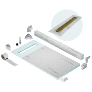 QM Shower Pan Kit 32″ with a 24″ Wedgewire Linear Drain Flange Edge in Gold