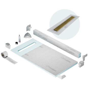 QM Shower Pan Kit 32" with a 24" Wedgewire Linear Drain Flange Edge in Gold