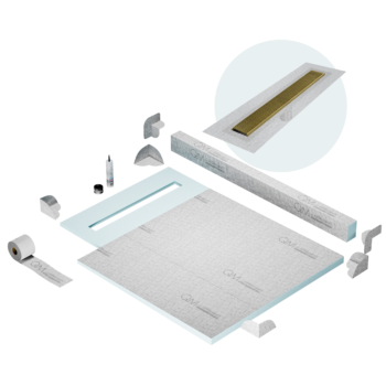 QM Shower Pan Kit 40" with a 32" Wedgewire Linear Drain Flange Edge in Gold