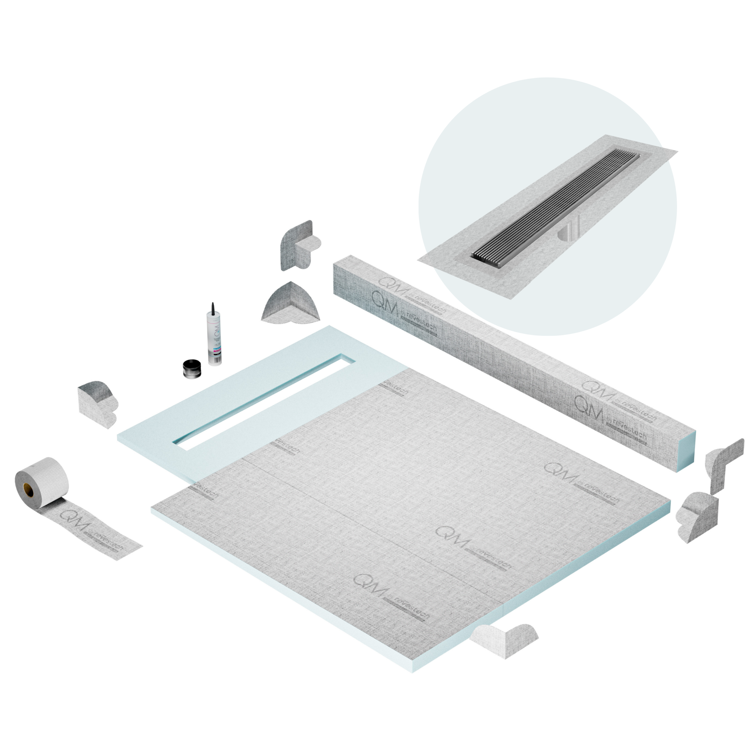 QM Shower Pan Kit 40" with a 32" Wedgewire Linear Drain Flange Edge in Satin