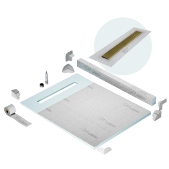 QM Shower Pan Kit 48" with a 36" Wedgewire Linear Drain Flange Edge in Gold