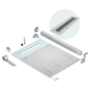 QM Shower Pan Kit 48″ with a 36″ Wedgewire Linear Drain Flange Edge in Satin