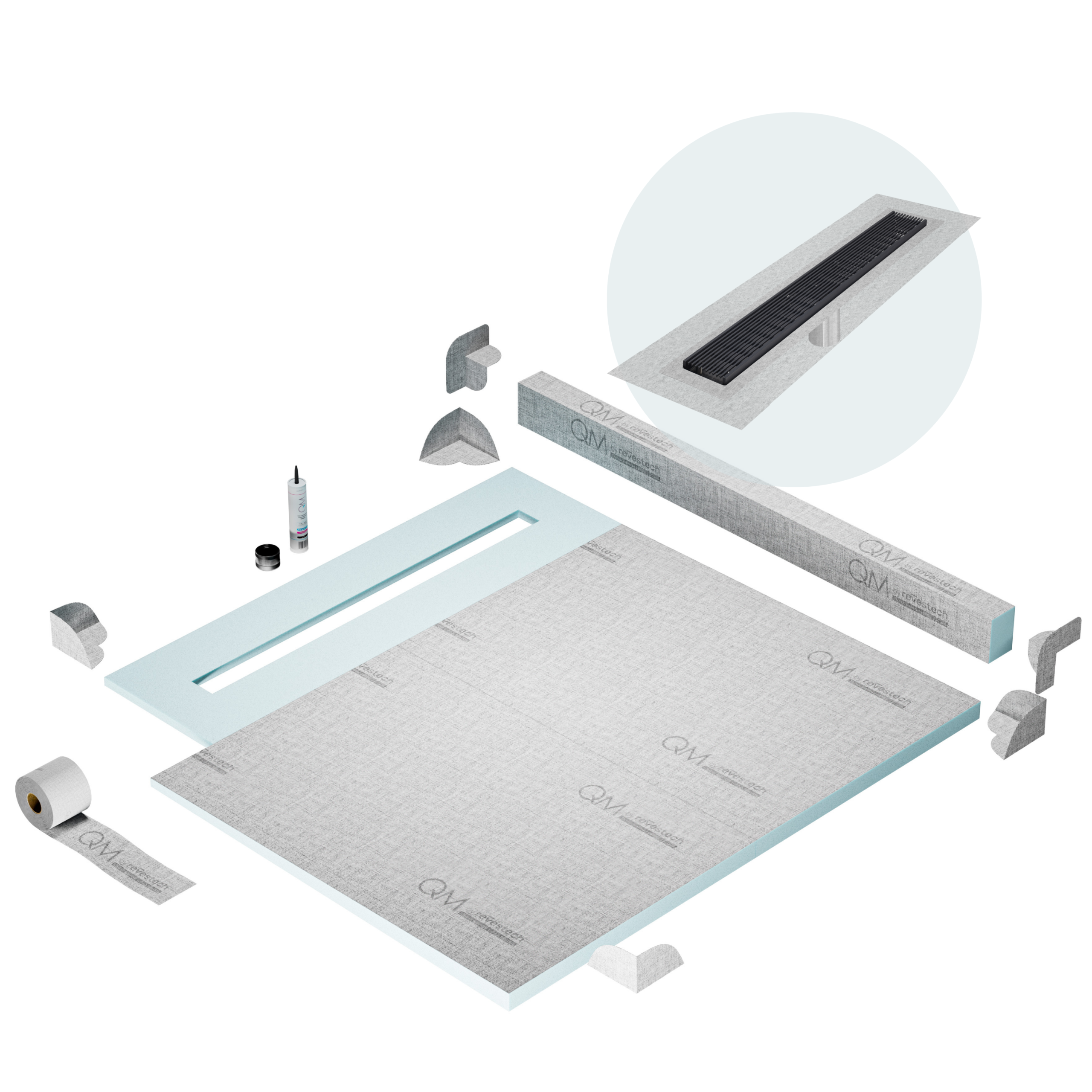 QM Shower Pan Kit 56" with a 48" Wedgewire Linear Drain Flange Edge in Black