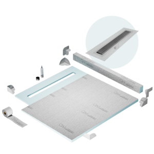 QM Shower Pan Kit 56″ with a 48″ Wedgewire Linear Drain Flange Edge in Satin