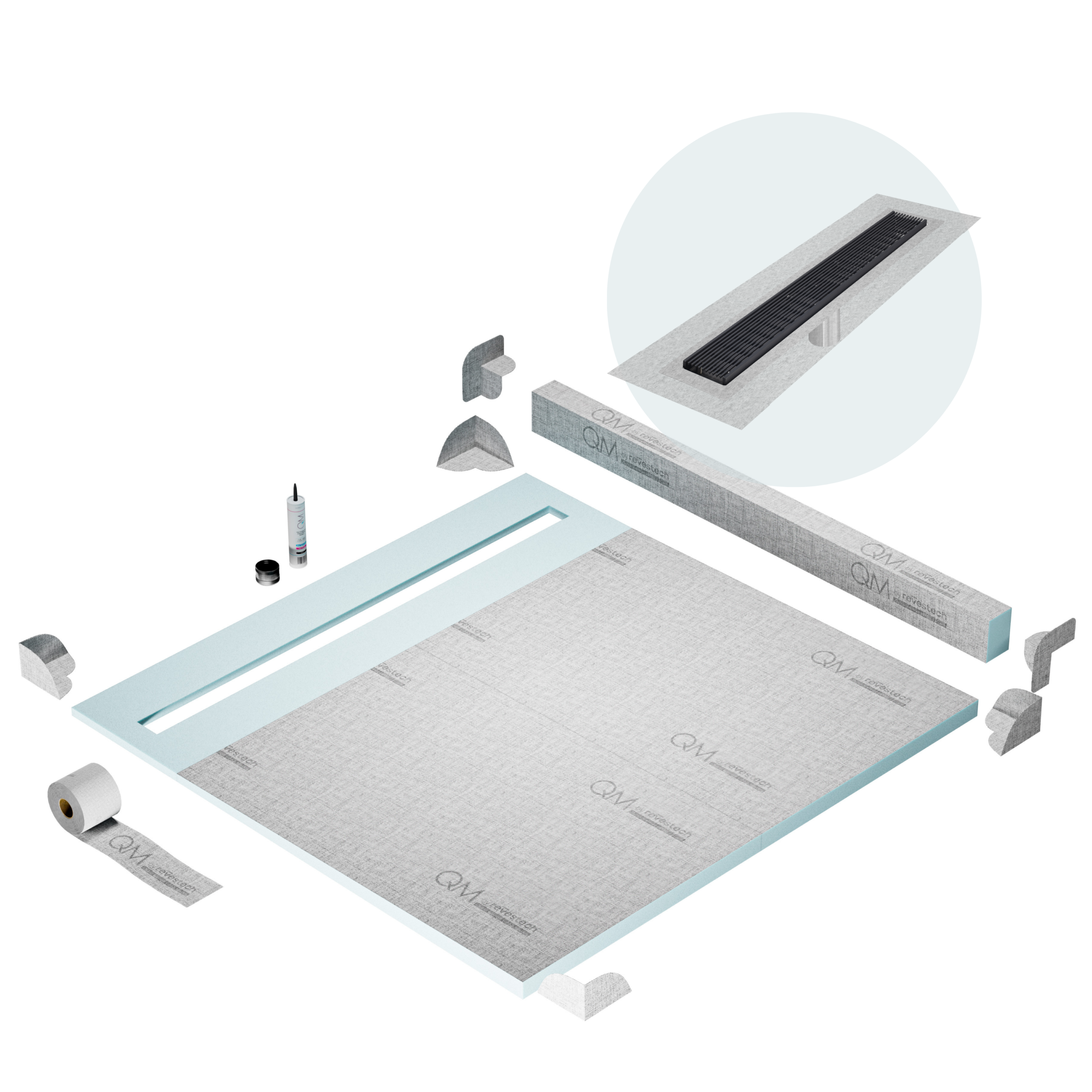QM Shower Pan Kit 64" with a 58" Wedgewire Linear Drain Flange Edge in Black
