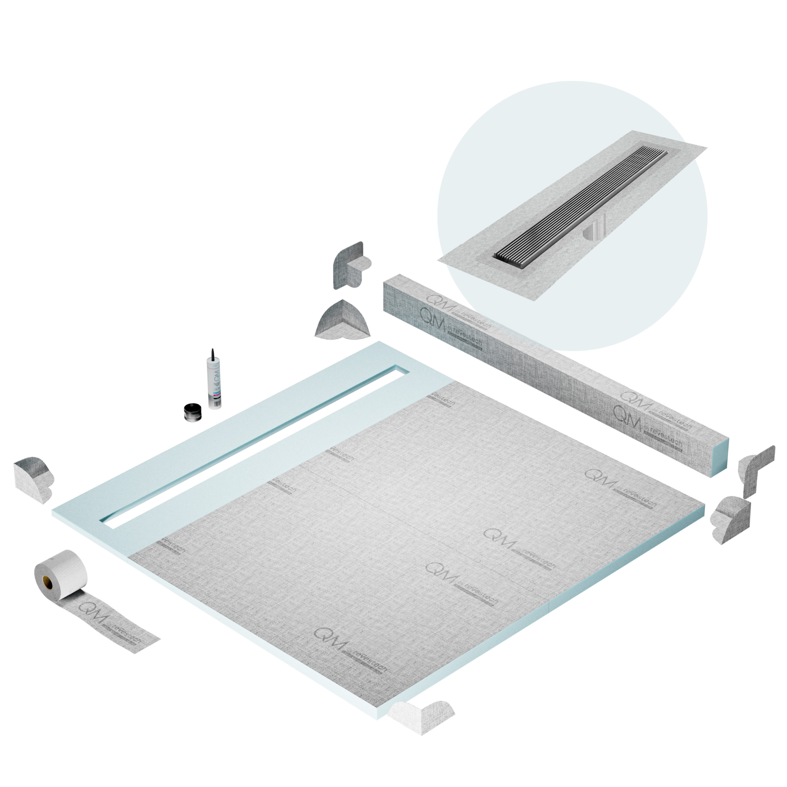 QM Shower Pan Kit 64" with a 58" Wedgewire Linear Drain Flange Edge in Polished