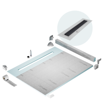 QM Shower Pan Kit 80" with a 58" Wedgewire Linear Drain Flange Edge in Black