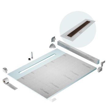 QM Shower Pan Kit 80" with a 58" Wedgewire Linear Drain Flange Edge in Gold