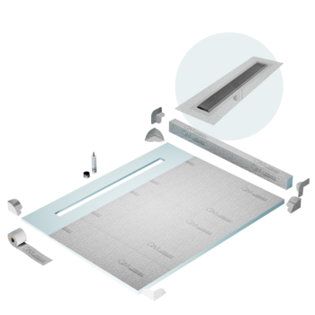 QM Shower Pan Kit 80" with a 58" Wedgewire Linear Drain Flange Edge in Satin