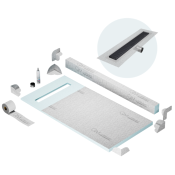 QM Shower Pan Kit 32" with a 24" Wedgewire Linear Drain Flange Edge Side Outlet in Black