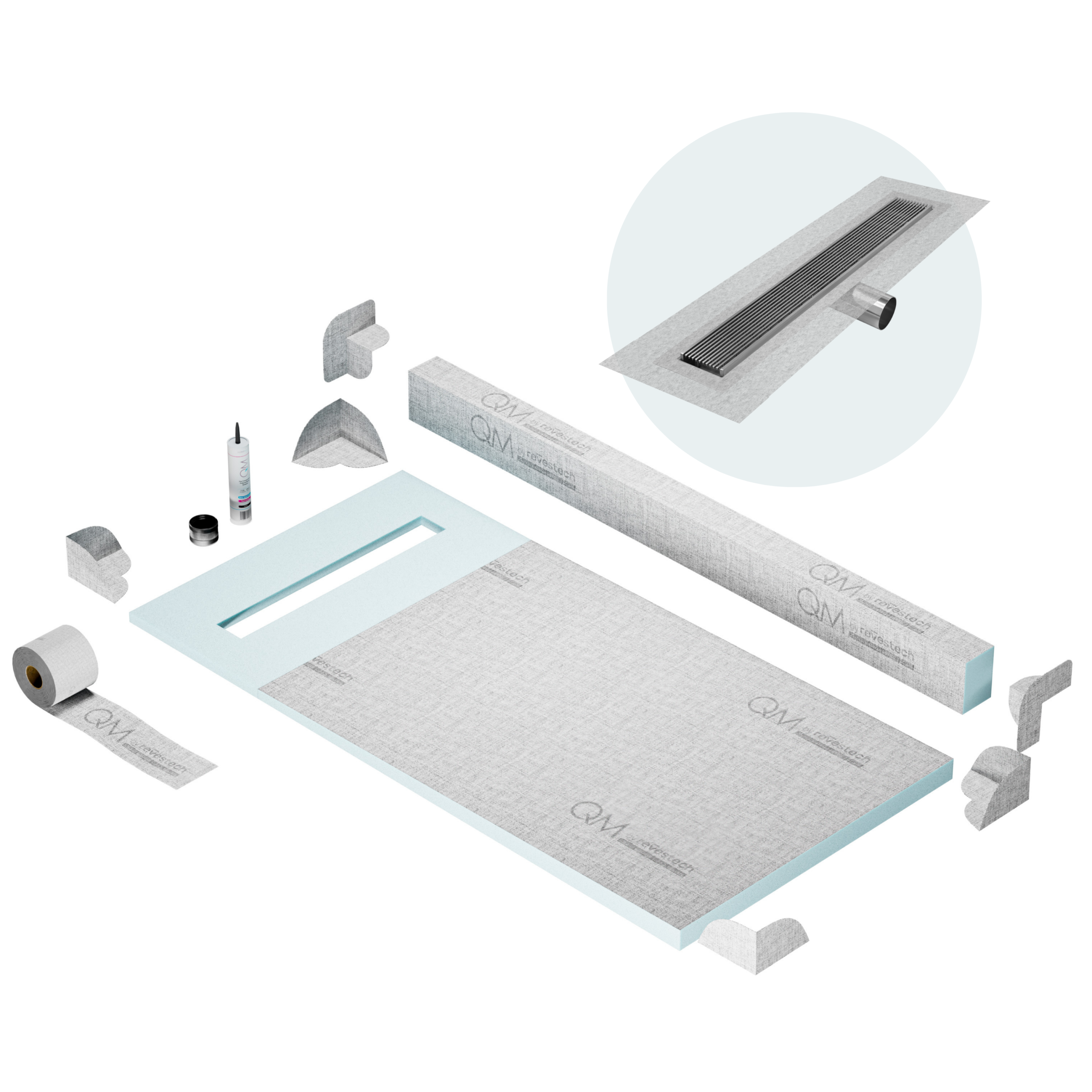 QM Shower Pan Kit 32" with a 24" Wedgewire Linear Drain Flange Edge Side Outlet in Polished