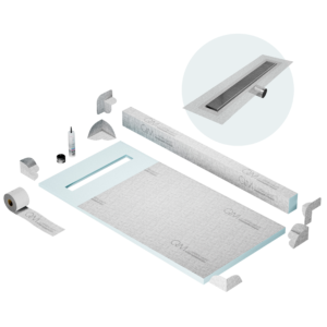 QM Shower Pan Kit 32″ with a 24″ Wedgewire Linear Drain Flange Edge Side Outlet in Satin
