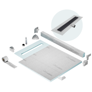 QM Shower Pan Kit 40" with a 32" Wedgewire Linear Drain Flange Edge Side Outlet in Black