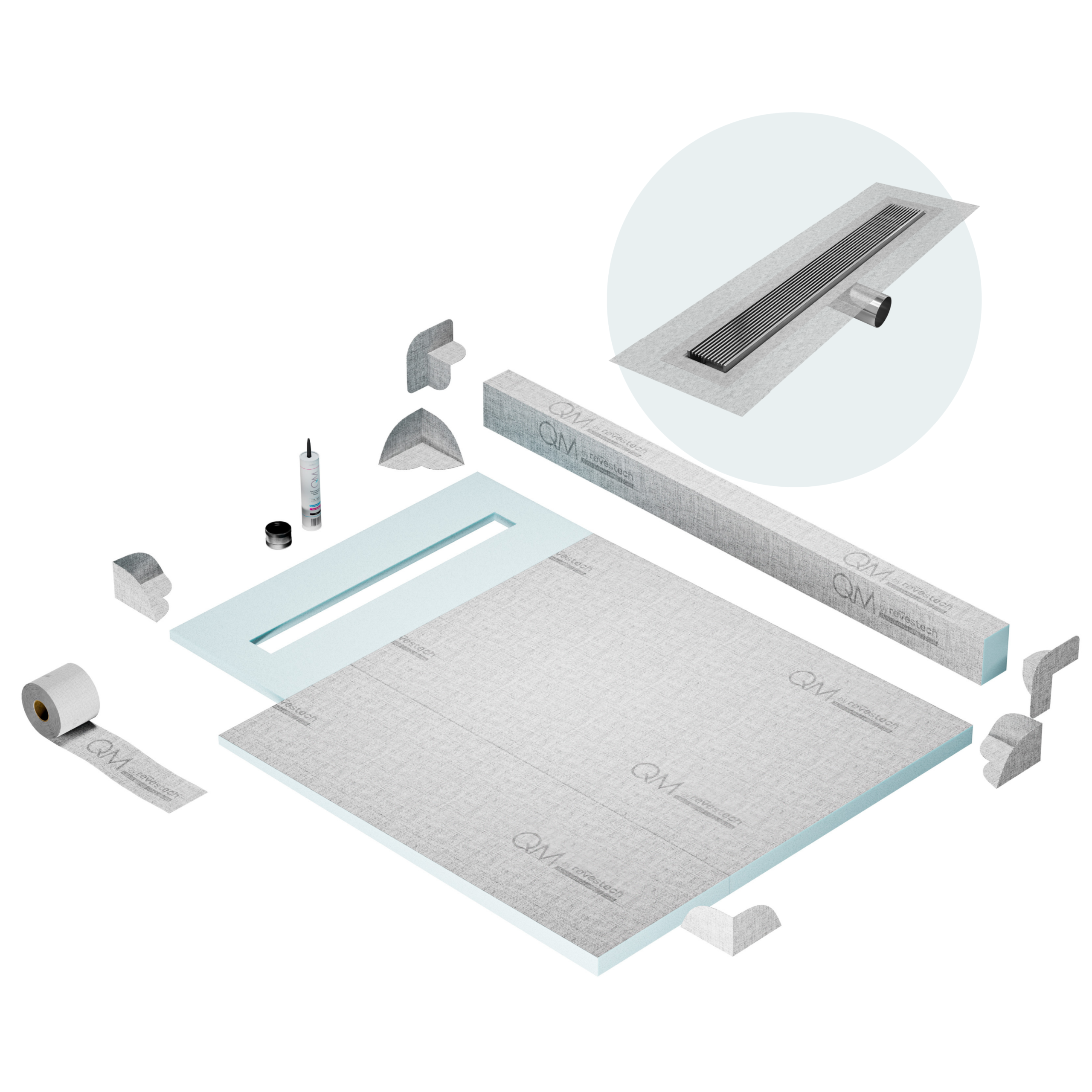 QM Shower Pan Kit 40" with a 32" Wedgewire Linear Drain Flange Edge Side Outlet in Polished