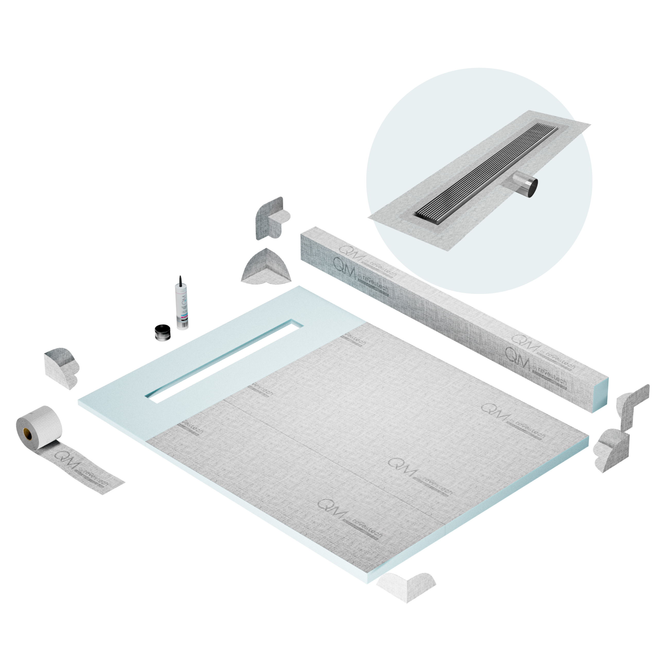 QM Shower Pan Kit 48" with a 36" Wedgewire Linear Drain Flange Edge Side Outlet in Polished