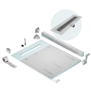 QM Shower Pan Kit 48″ with a 36″ Wedgewire Linear Drain Flange Edge Side Outlet in Satin
