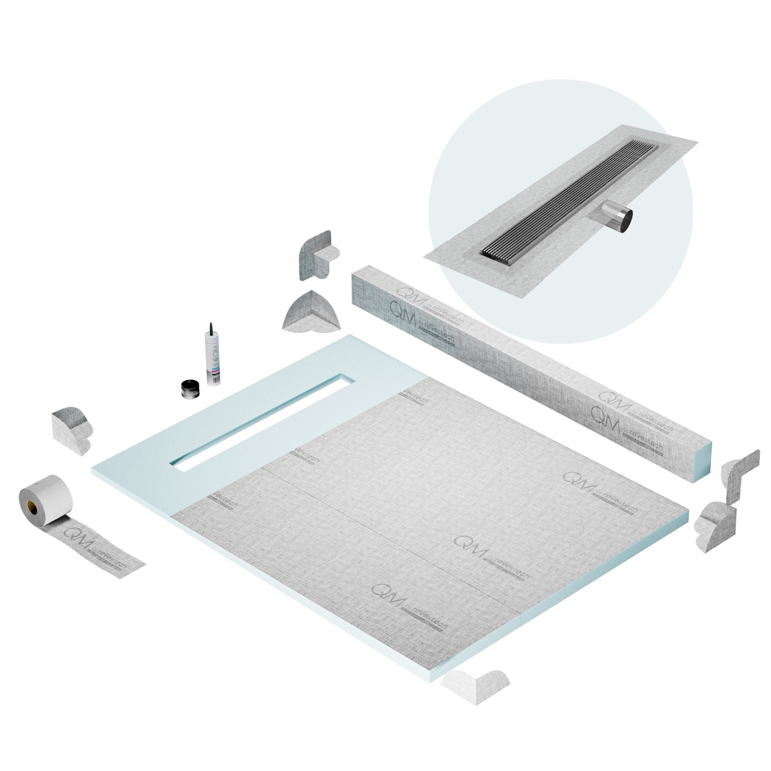 QM Shower Pan Kit 48" with a 36" Wedgewire Linear Drain Flange Edge Side Outlet in Satin