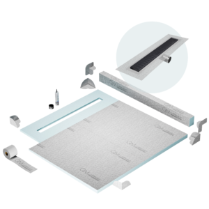 QM Shower Pan Kit 56″ with a 48″ Wedgewire Linear Drain Flange Edge Side Outlet in Black