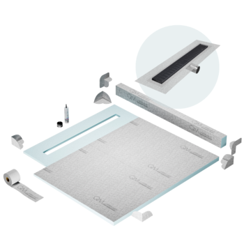 QM Shower Pan Kit 56" with a 48" Wedgewire Linear Drain Flange Edge Side Outlet in Black