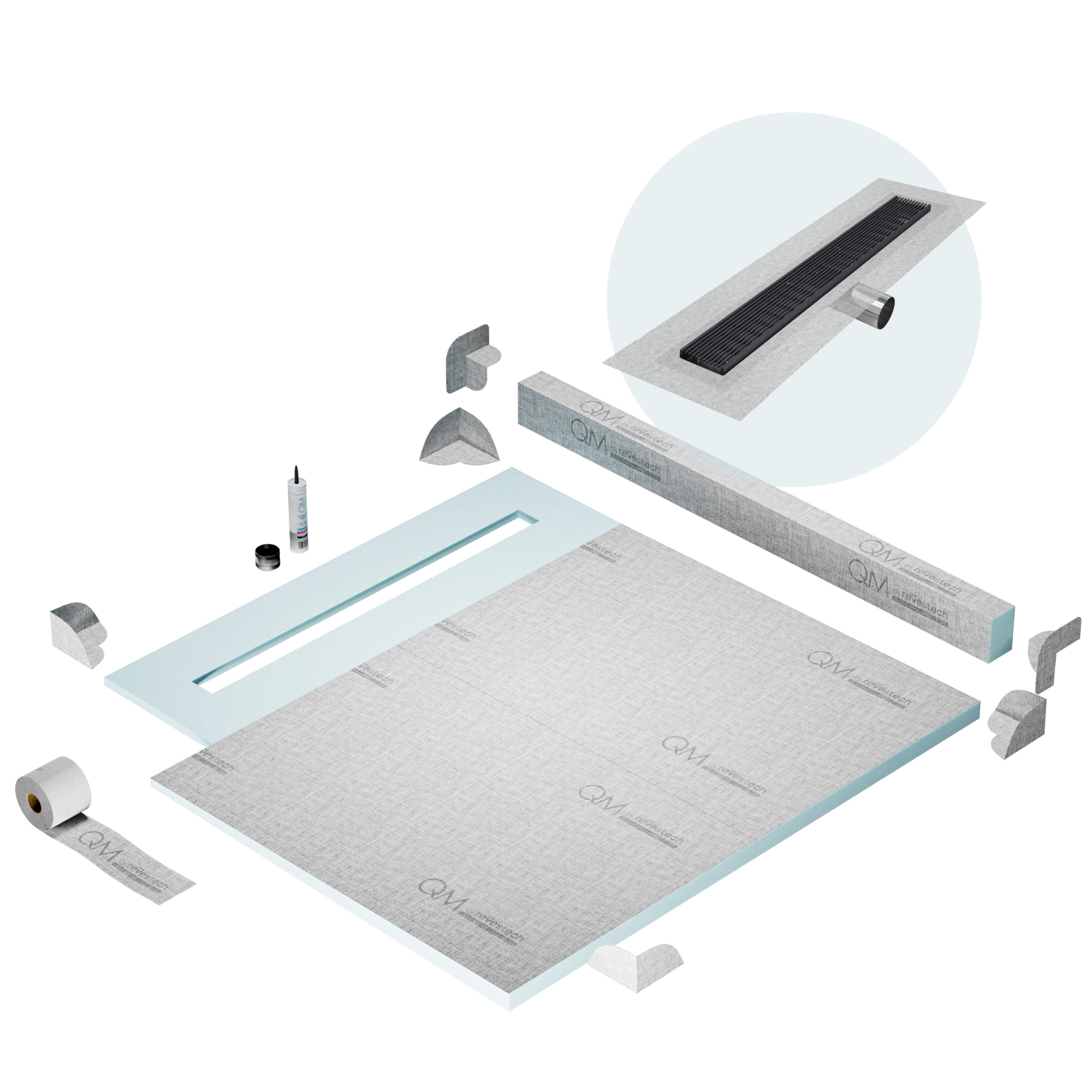 QM Shower Pan Kit 56" with a 48" Wedgewire Linear Drain Flange Edge Side Outlet in Black