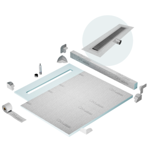QM Shower Pan Kit 56″ with a 48″ Wedgewire Linear Drain Flange Edge Side Outlet in Satin