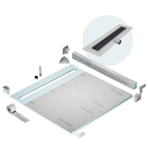 QM Shower Pan Kit 64″ with a 58″ Wedgewire Linear Drain Flange Edge Side Outlet in Black
