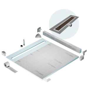 QM Shower Pan Kit 64″ with a 58″ Wedgewire Linear Drain Flange Edge Side Outlet in Bronze