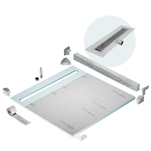 QM Shower Pan Kit 64″ with a 58″ Wedgewire Linear Drain Flange Edge Side Outlet in Polished