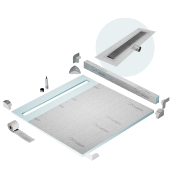 QM Shower Pan Kit 64" with a 58" Wedgewire Linear Drain Flange Edge Side Outlet in Satin