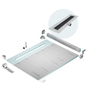 QM Shower Pan Kit 80″ with a 58″ Wedgewire Linear Drain Flange Edge Side Outlet in Black