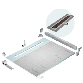 QM Shower Pan Kit 80" with a 58" Wedgewire Linear Drain Flange Edge Side Outlet in Bronze