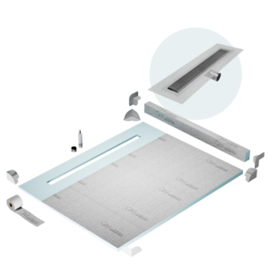 QM Shower Pan Kit 80″ with a 58″ Wedgewire Linear Drain Flange Edge Side Outlet in Satin