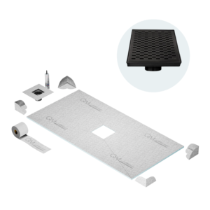 QM Curbless Center Shower Pan Kit 32″ x 63″ with 4″ Delta Square Drain in Polished
