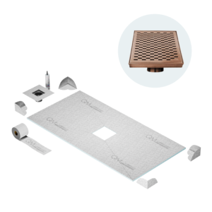 QM Curbless Center Shower Pan Kit 32″ x 63″ with 4″ Delta Square Drain in Satin