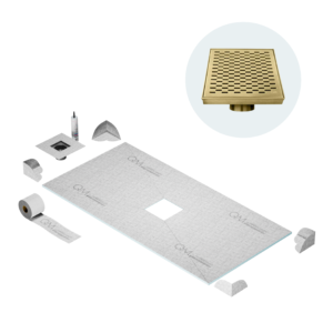QM Curbless Center Shower Pan Kit 32″ x 63″ with 4″ Delta Square Drain in Black
