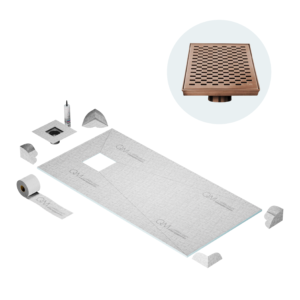 QM Curbless Off-Center Shower Pan Kit 32″ x 63″ with 4″ Delta Square Drain in Bronze