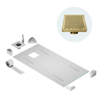 QM Curbless Off-Center Shower Pan Kit 32" x 63" with 4" Delta Square Drain in Gold